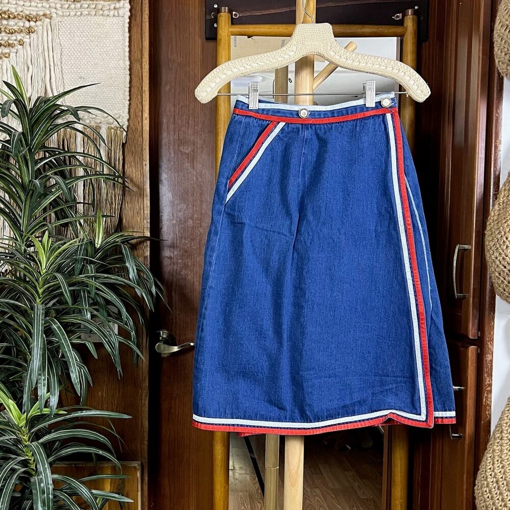Vintage Denim Wrap Mini Skirt XXS 00 Nautical Red White Trim Sailboat Button